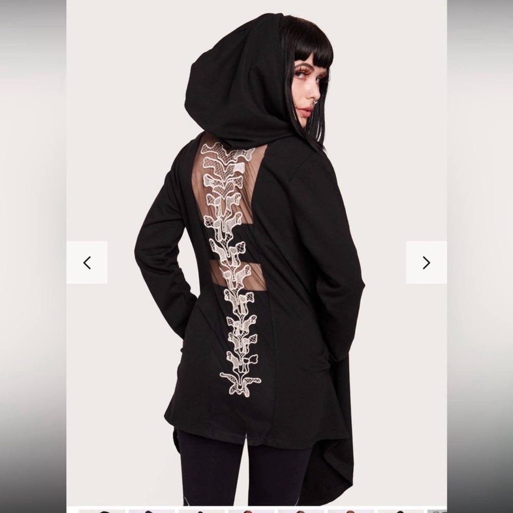 🔮🌙🖤 Midnight Hour Skeleton Spine Lace Hooded Goth Cardigan XL Oversized 🖤🌙🔮 - Picture 2 of 6